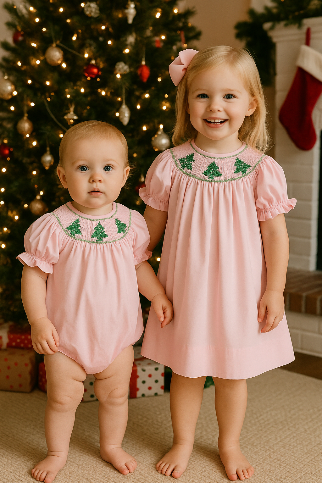 Christmas Tree Smocked Pink Dress