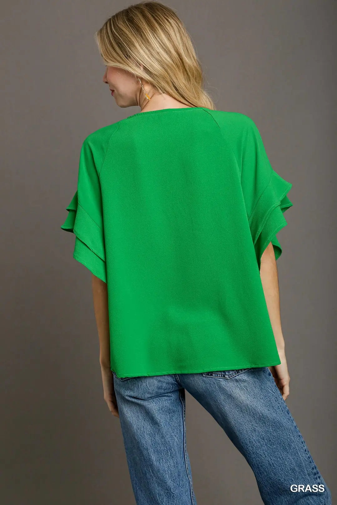 Green Boxy Cut Wide Neck Blouse with Layered Ruffle Sleeves