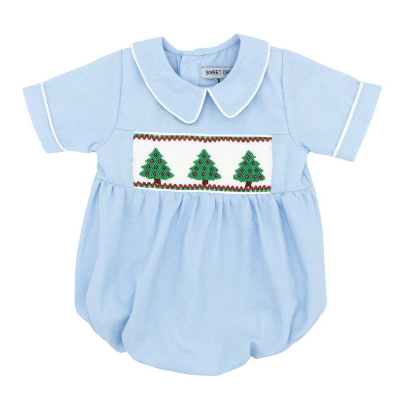 Blue Christmas Tree Smocked Bubble