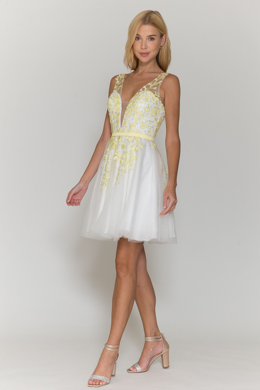 White/Yellow V-Neck Dress