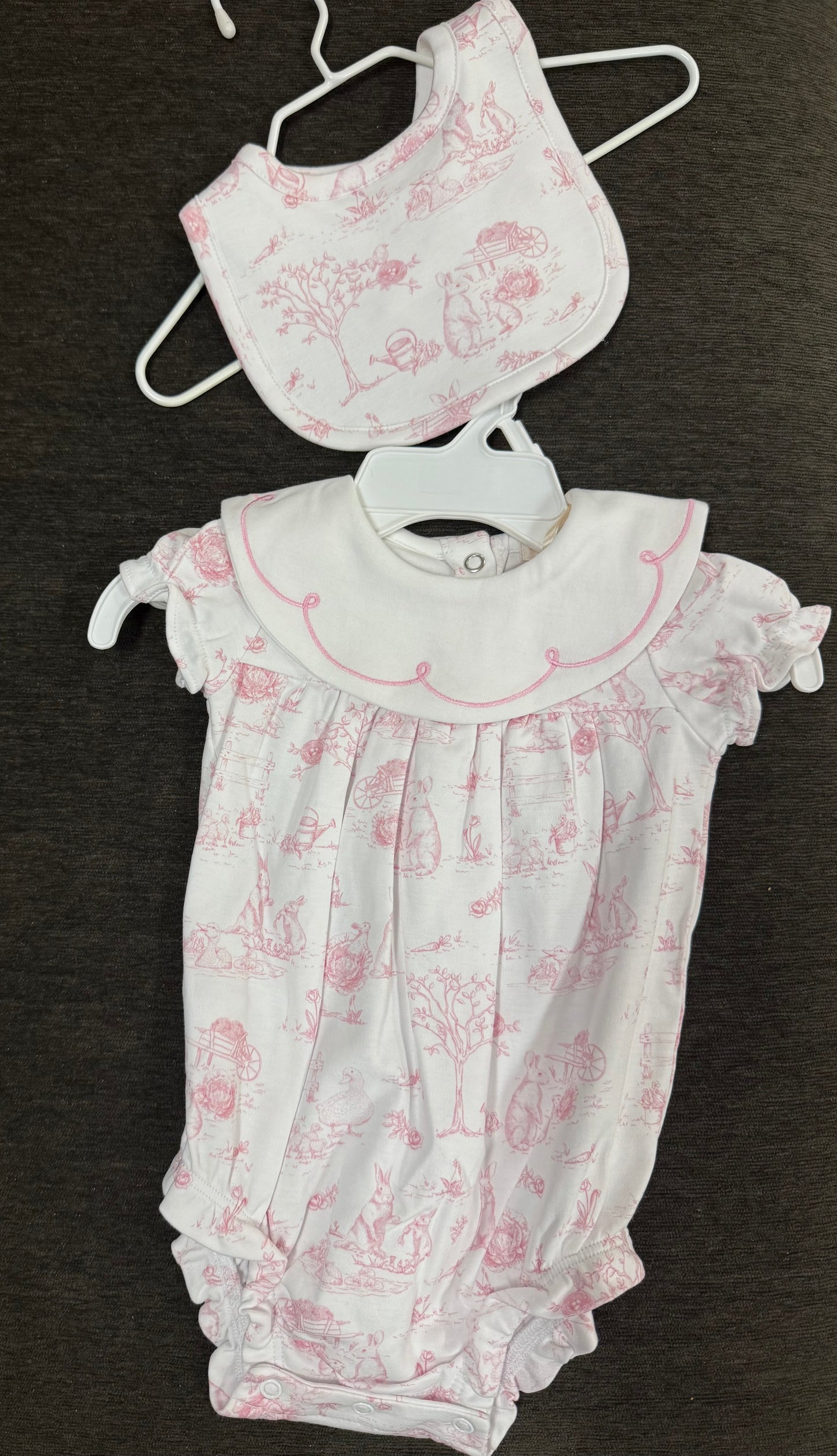 Toile Bunny Bib Embroidered Bubble