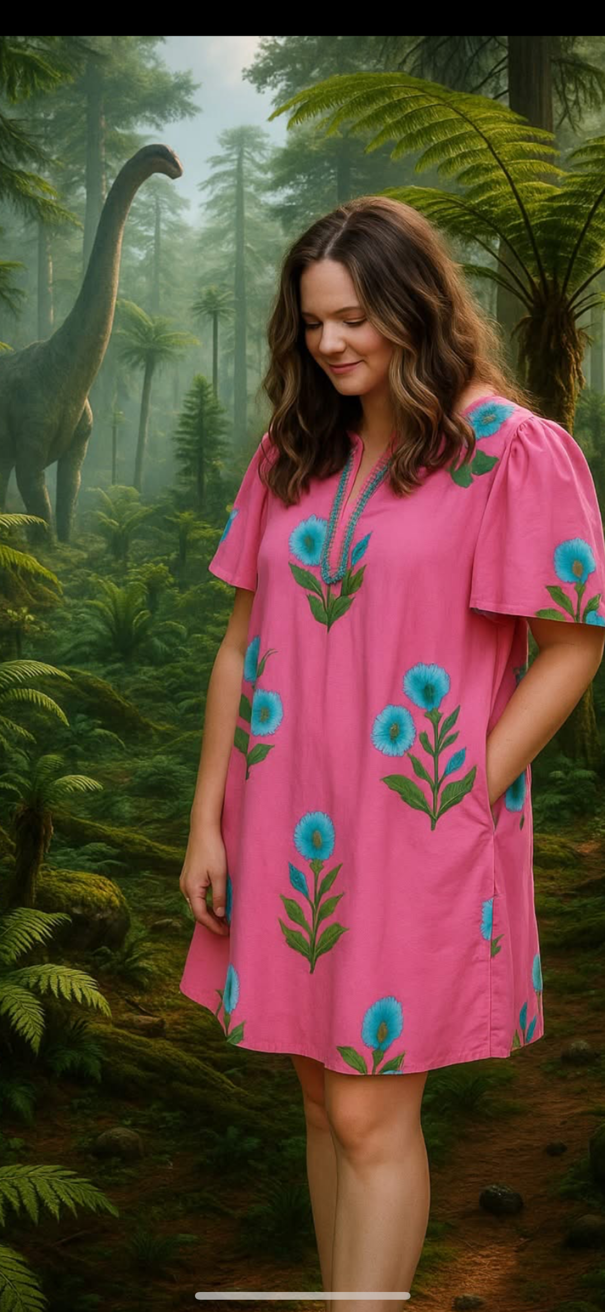 Pink Floral Split Neck Dress
