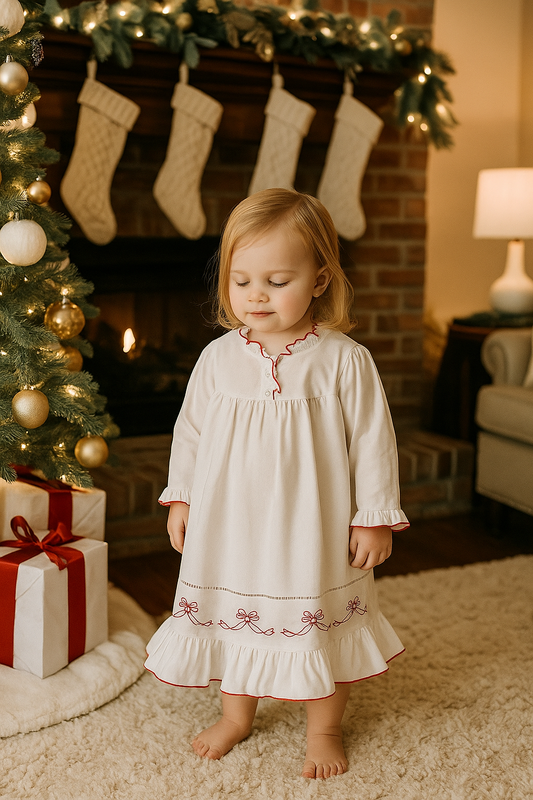White Nightgown with Red Bow Embroidery