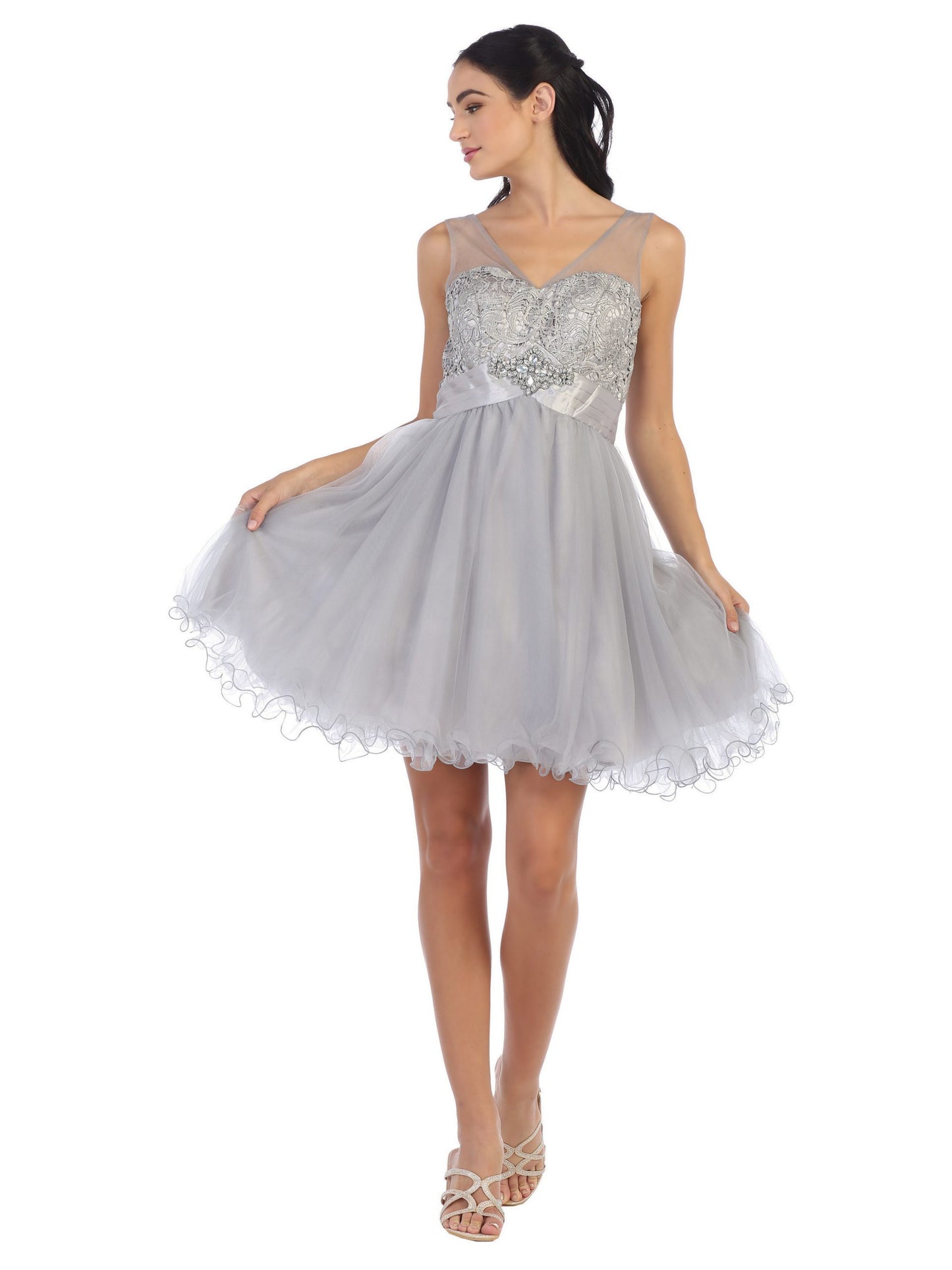 Silver Short Lace and Tulle Dress