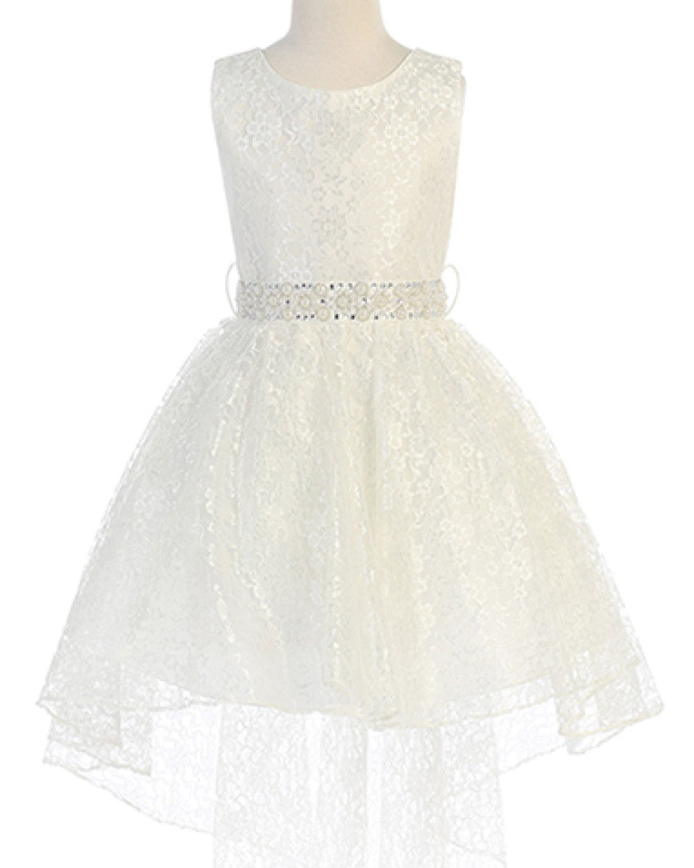 Hi-low allover lace dress with a voluminous skirt and detachable rhinestone belt at waist