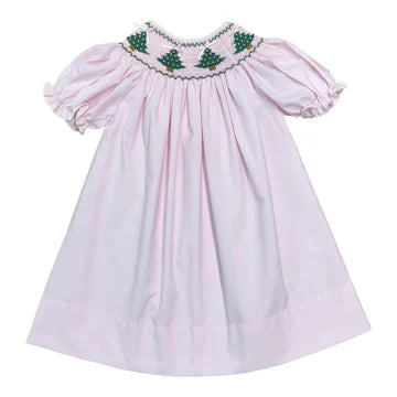 Christmas Tree Smocked Pink Dress