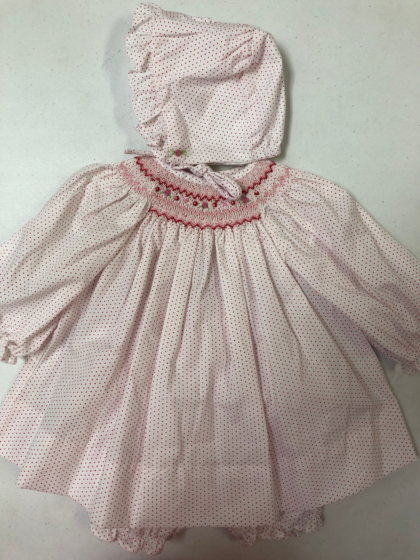 Red Dot L/S Smocked Bishop Dress W/Bloomer