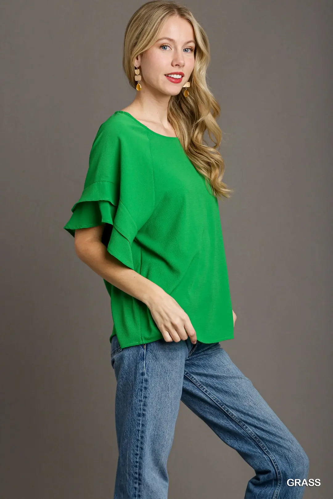 Green Boxy Cut Wide Neck Blouse with Layered Ruffle Sleeves