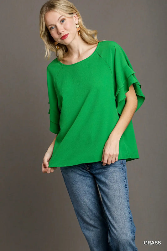 Green Boxy Cut Wide Neck Blouse with Layered Ruffle Sleeves