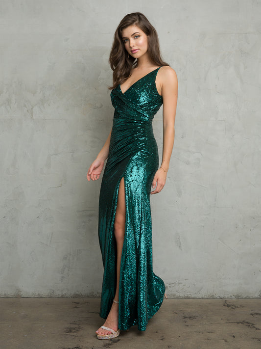 Sleeveless Fitted Sequin Gown with Side Slit and Back Zipper