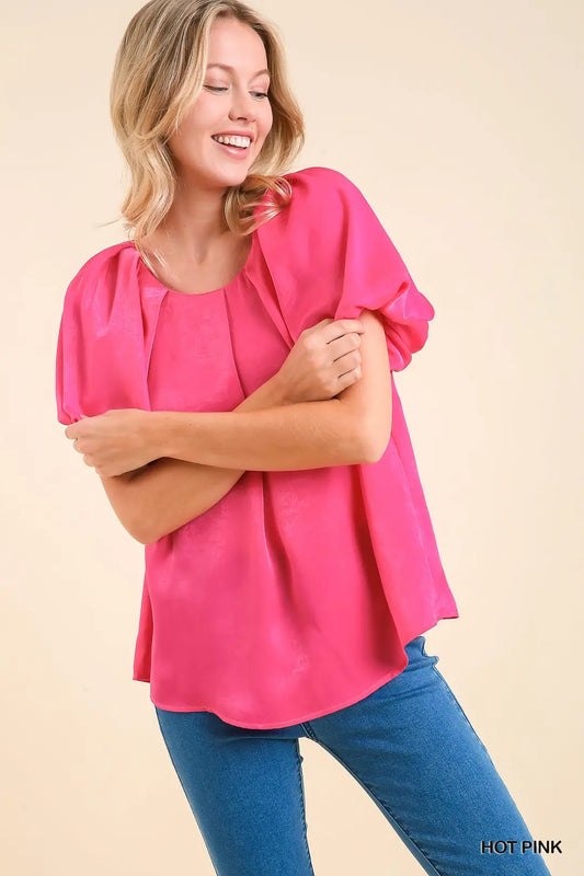 Hot Pink Satin Shimmer Round Neck Top Puff Sleeve with Keyhole Back & Lining