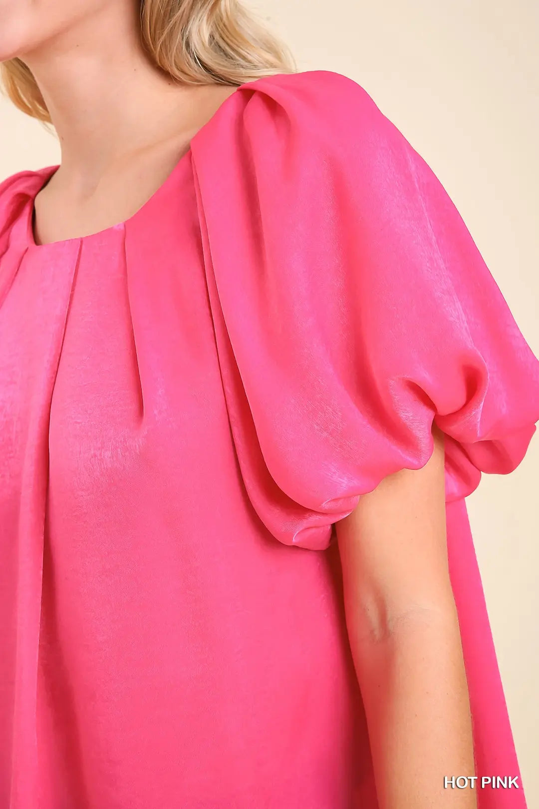 Hot Pink Satin Shimmer Round Neck Top Puff Sleeve with Keyhole Back & Lining