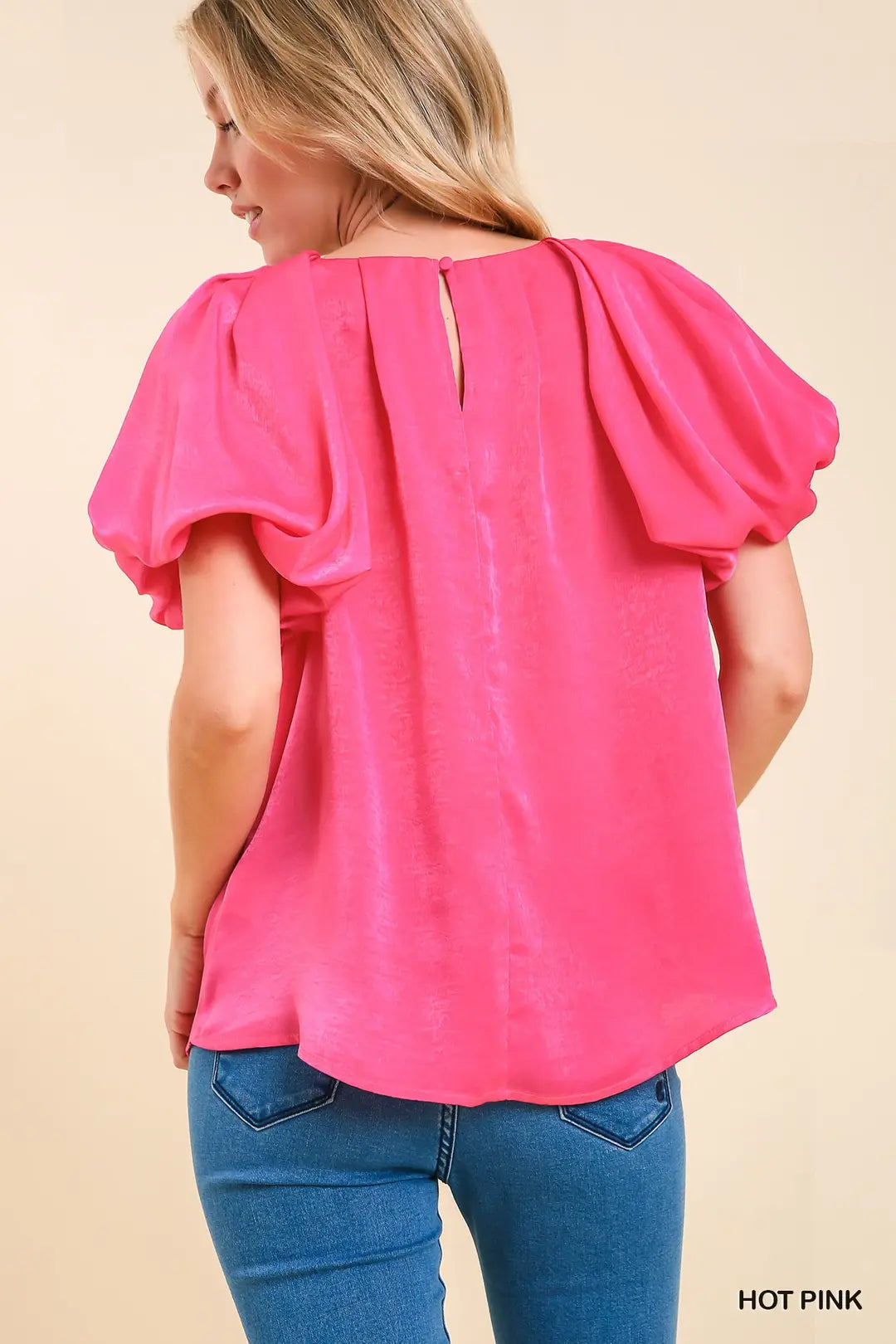 Hot Pink Satin Shimmer Round Neck Top Puff Sleeve with Keyhole Back & Lining