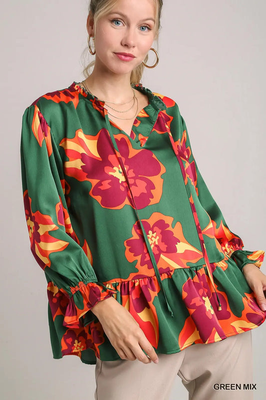 Satin Print 3/4 Sleeve Ruffle Neck Tie Tiered Top