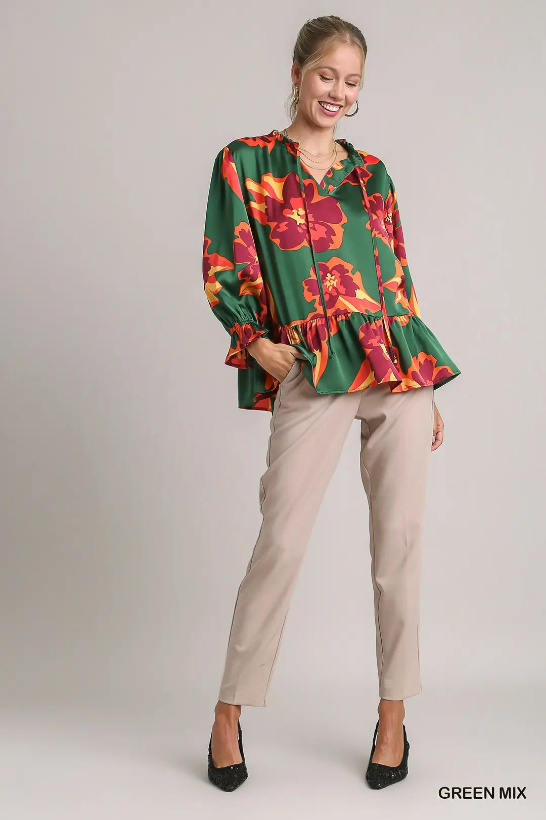 Satin Print 3/4 Sleeve Ruffle Neck Tie Tiered Top