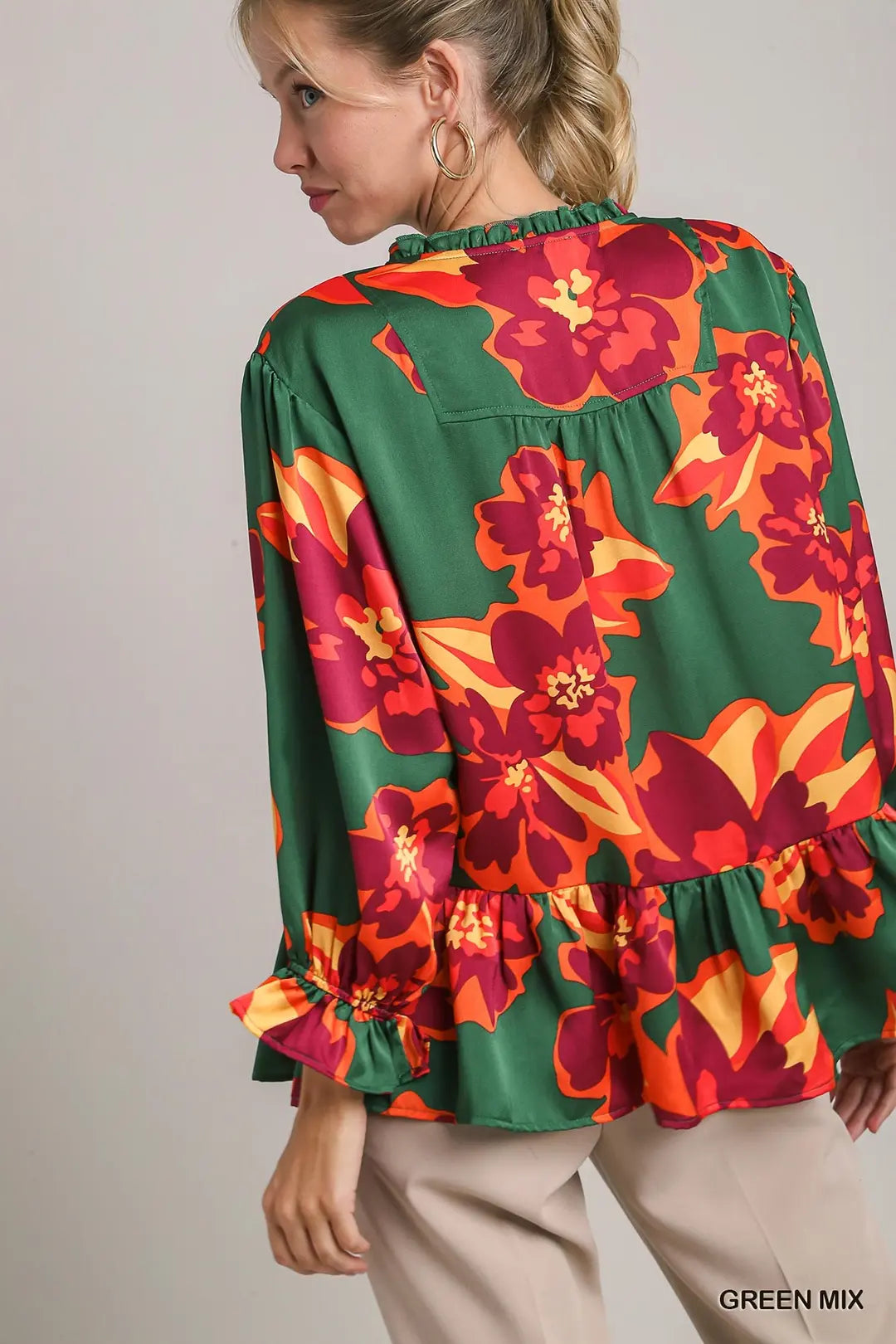 Satin Print 3/4 Sleeve Ruffle Neck Tie Tiered Top