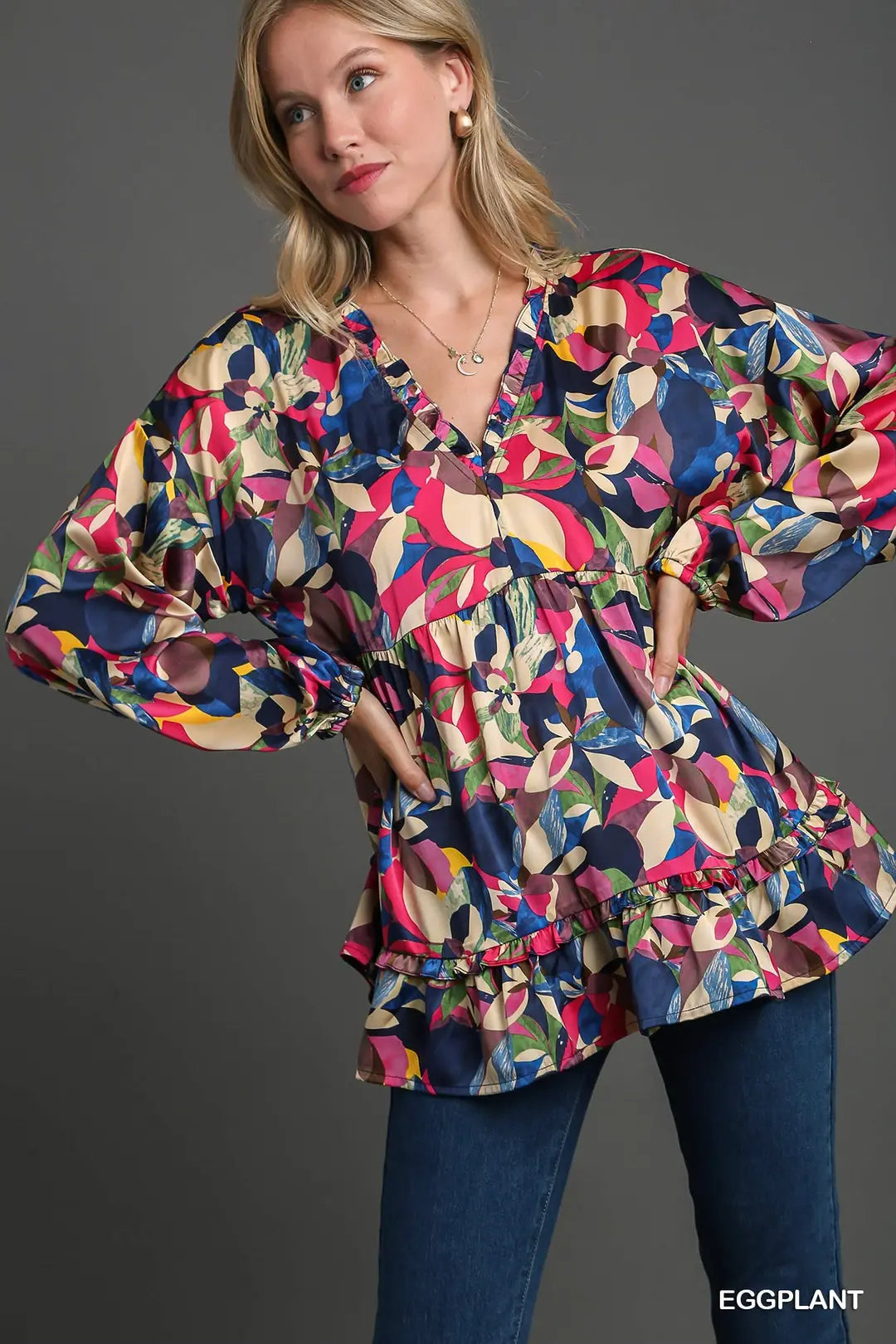 Satin Floral Ruffle Trim Detail BabyDoll Top