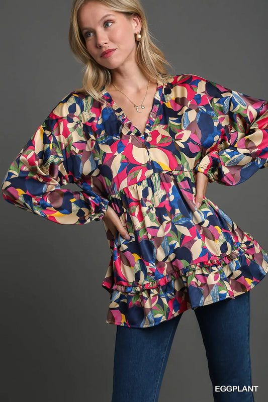 Satin Floral Ruffle Trim Detail BabyDoll Top