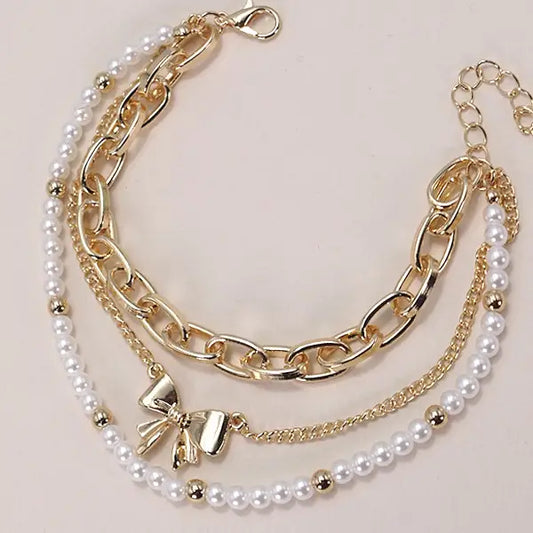 Bow Pearl Link Trio Set Bracelets