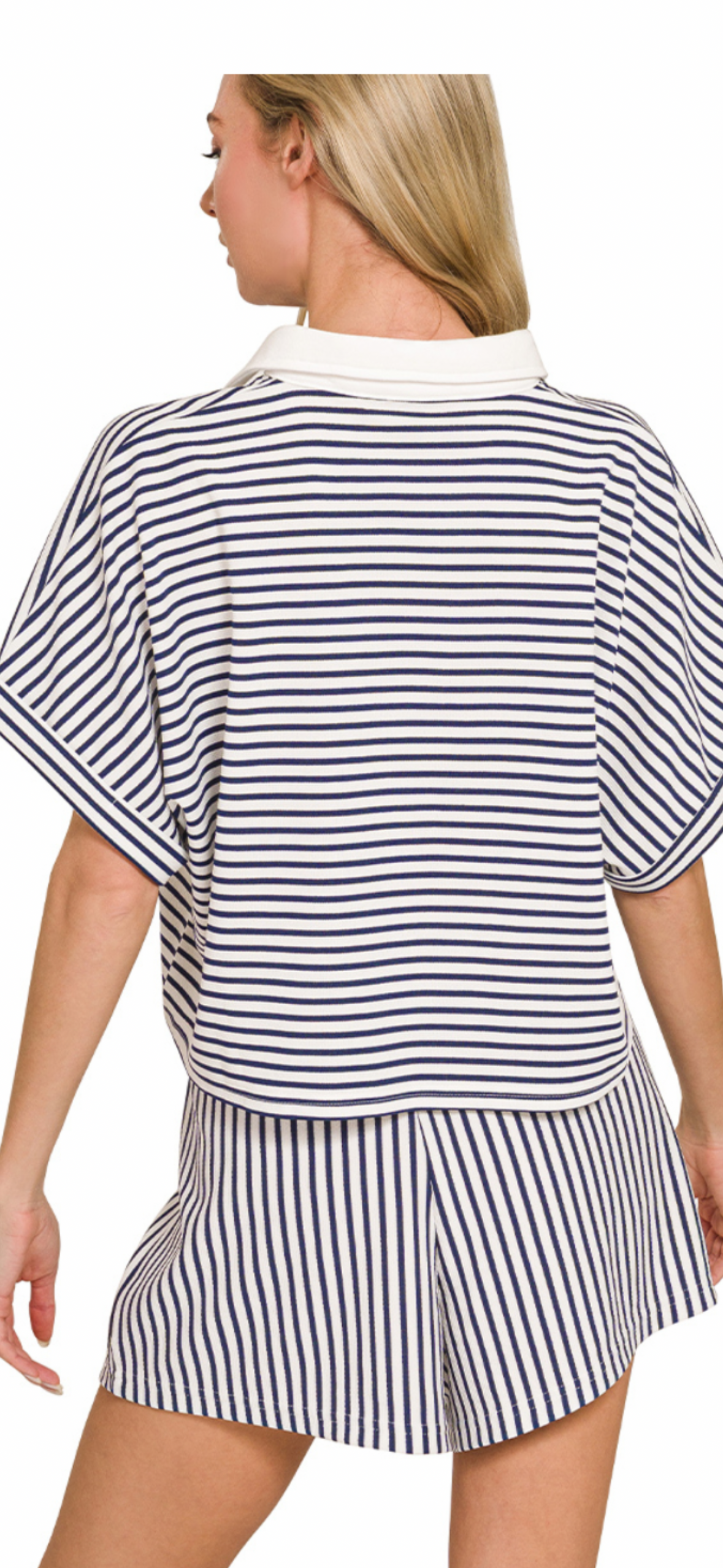 Navy Striped Collared Top & Shorts Set