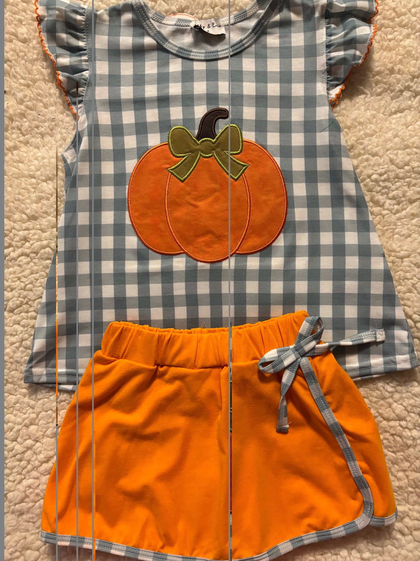 Orange Pumpkin Applique Gingham Skort Set