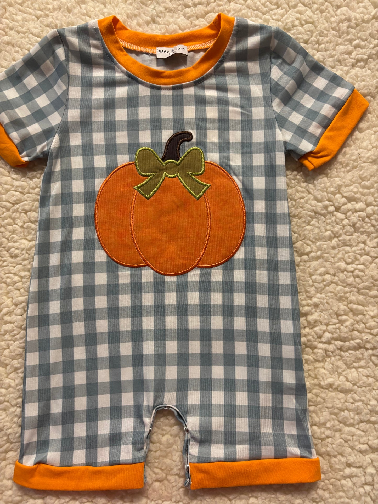 Orange Pumpkin Applique Gingham Romper