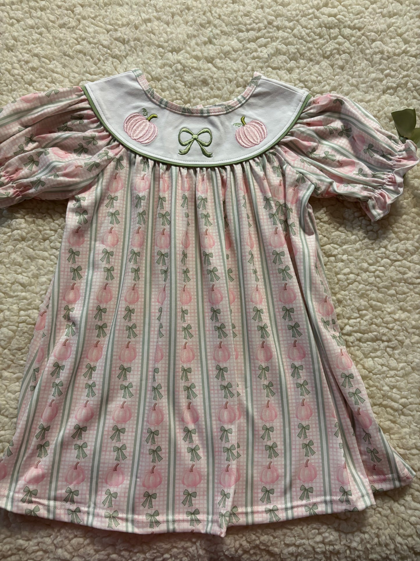 Sage Pumpkin Bow Embroidery Dress