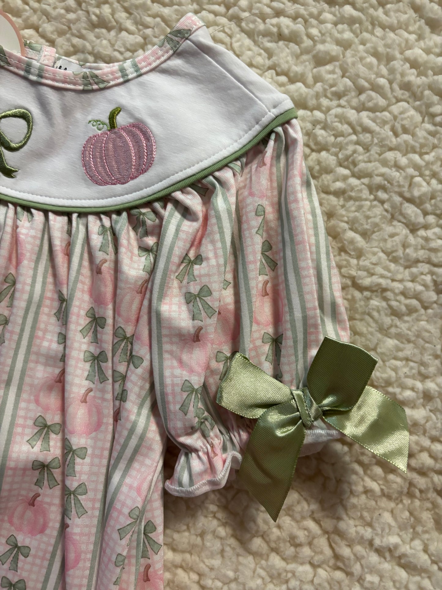Sage Pumpkin Bow Embroidery Dress