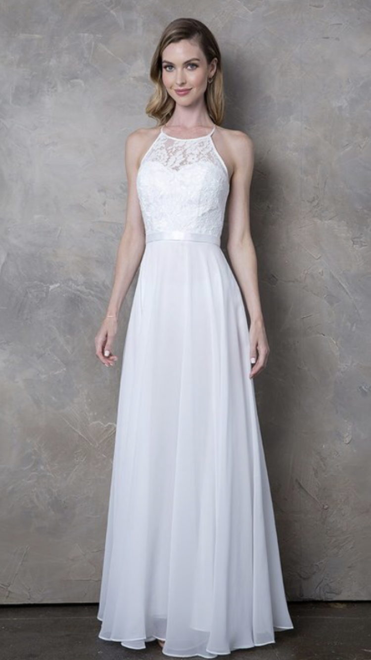 Off-White Lace Halter Chiffon Gown