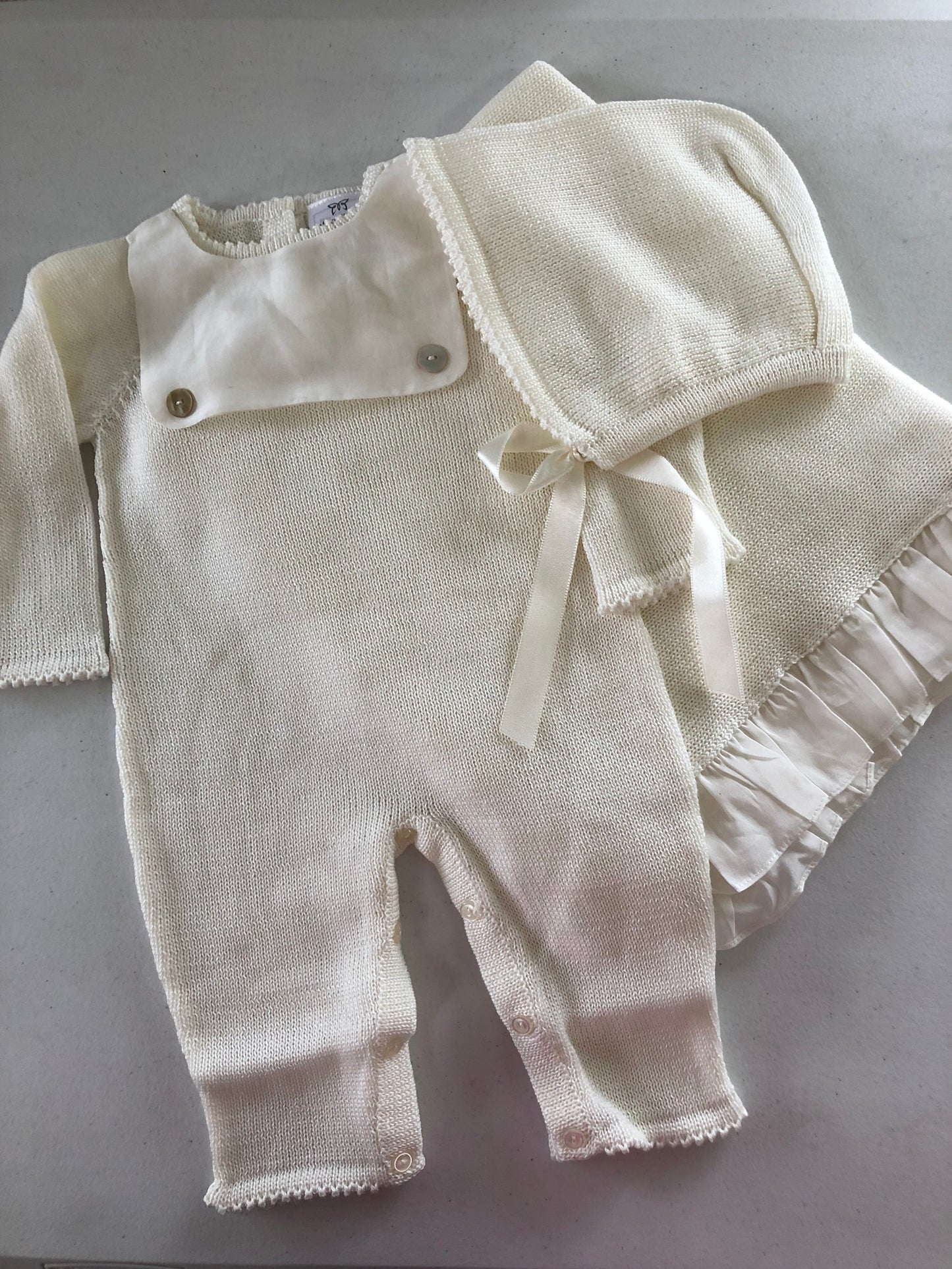 Ivory Knit Romper W/Bonnet