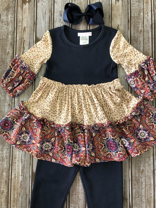 Navy Mixed Print Tiered Legging Set