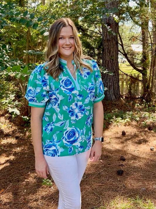 Green Top With Blue Floral Details