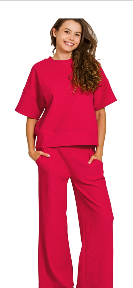 Ribbed Round Neck Tee & Pants Set