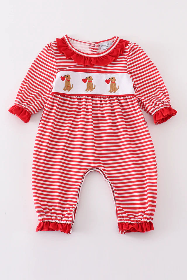 Red Valentine Puppy Embroidery Girl Romper