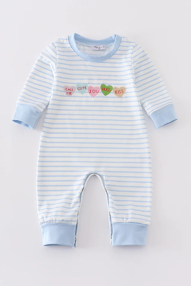 Blue Stripe Valentine Heart Embroidery Boy Romper