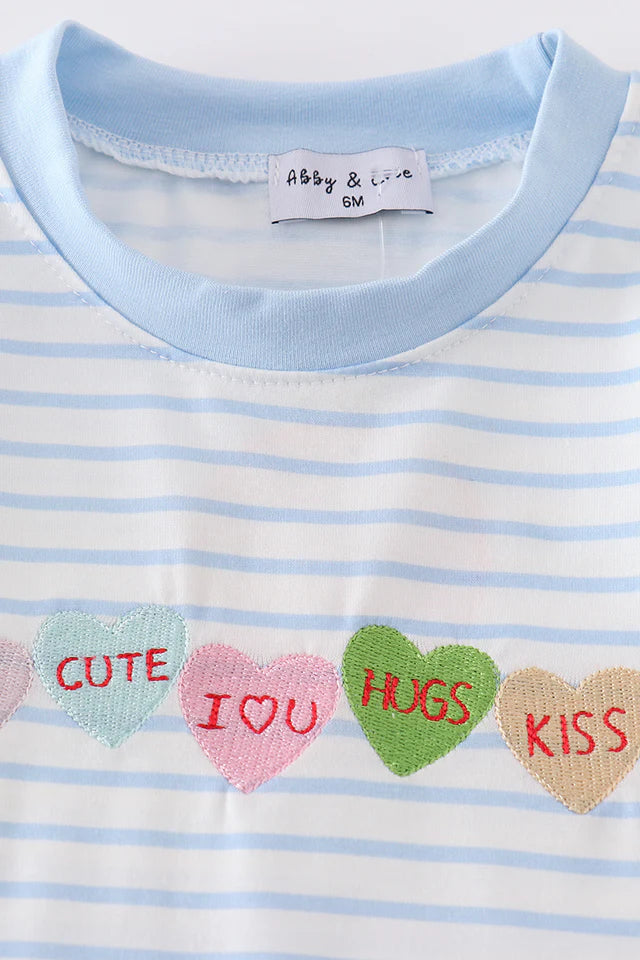 Blue Stripe Valentine Heart Embroidery Boy Romper