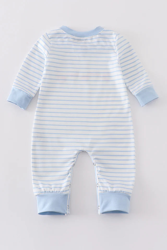 Blue Stripe Valentine Heart Embroidery Boy Romper