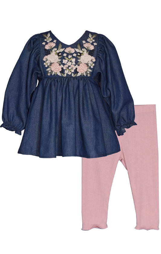 Pink Embroidered Denim Legging Set