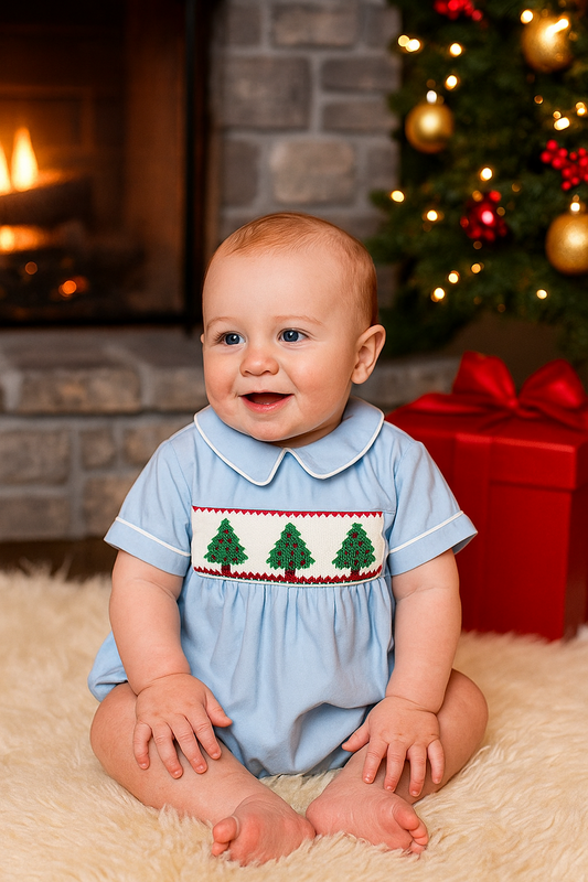 Blue Christmas Tree Smocked Bubble