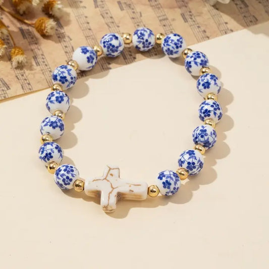 Blue Ceramic Porcelain Cross Charm Bracelet