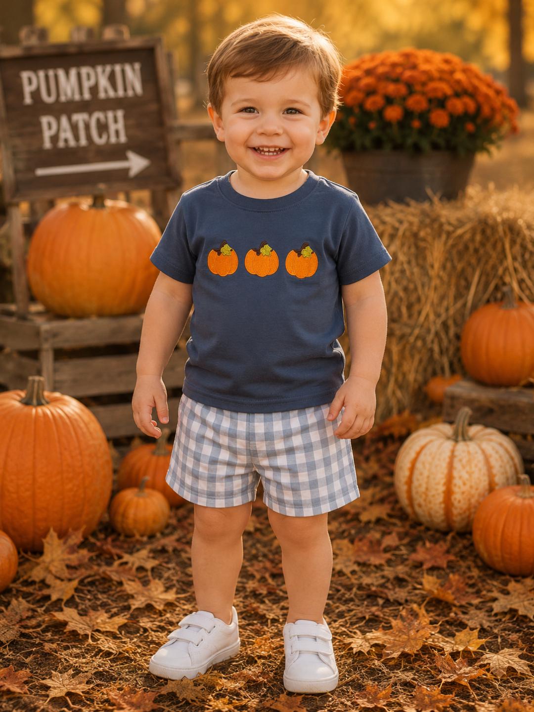 Orange Pumpkin Applique Gingham Short Set
