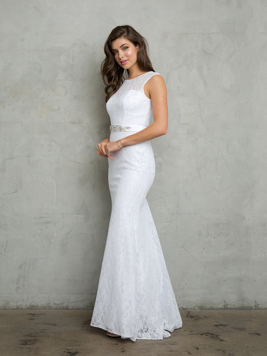 White Belted Lace Bridal Gown W/Train