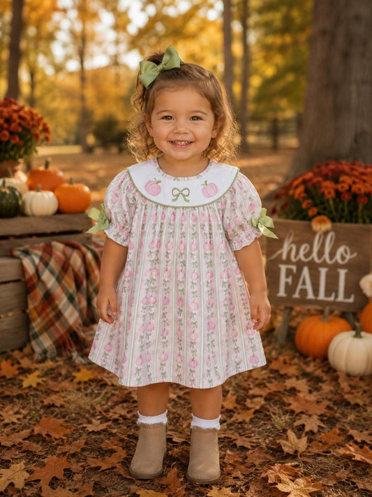 Sage Pumpkin Bow Embroidery Dress