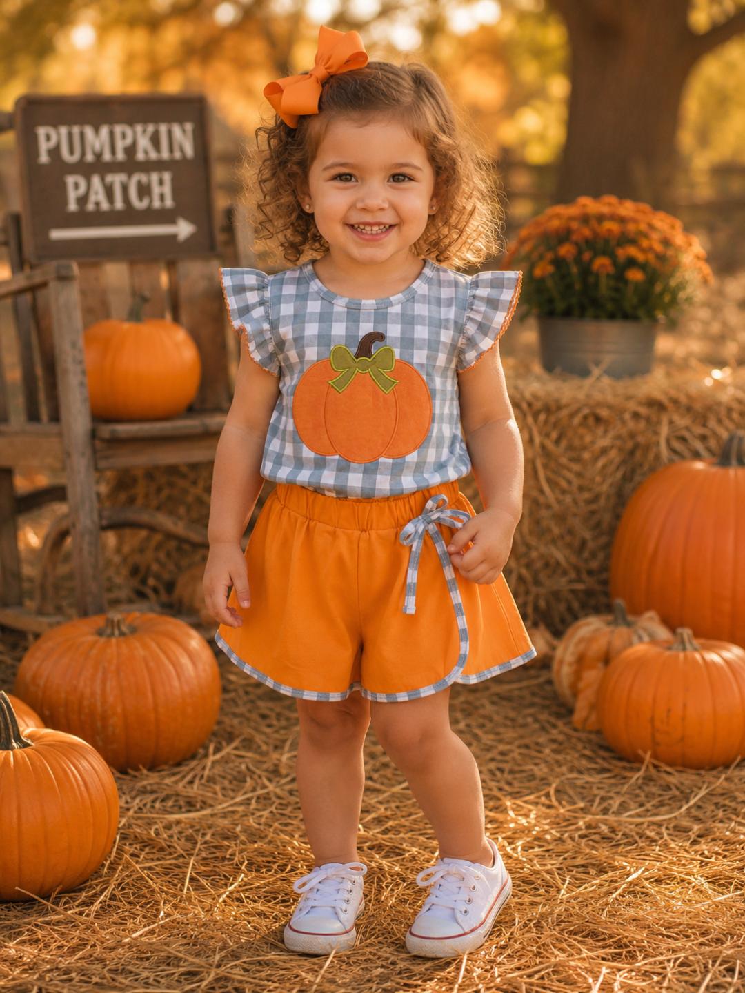 Orange Pumpkin Applique Gingham Skort Set