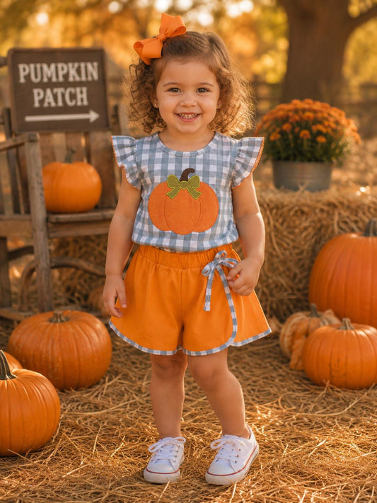 Orange Pumpkin Applique Gingham Skort Set
