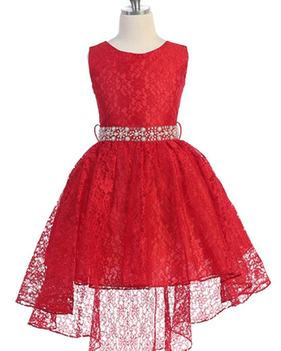 HI-low Lace Dress With Rhinestone Belt