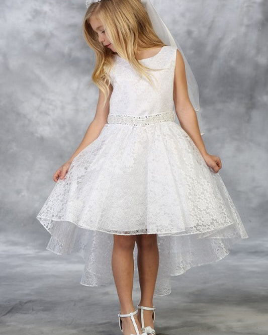 Hi-low allover lace dress with a voluminous skirt and detachable rhinestone belt at waist
