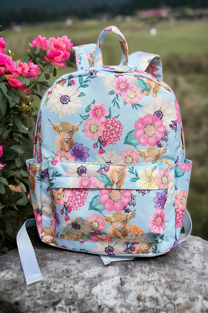 Highland Cow With Flowers Bookbag