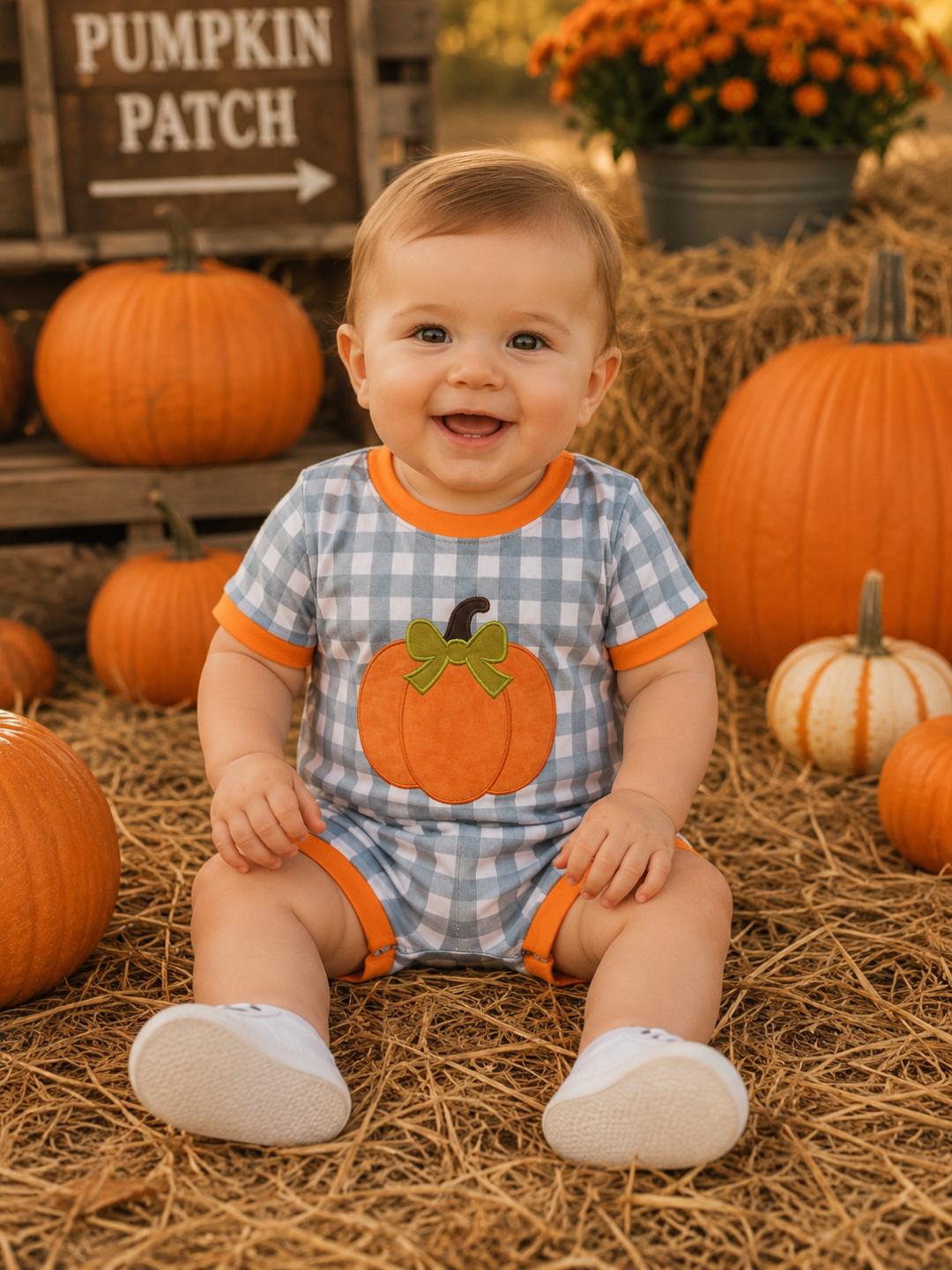 Orange Pumpkin Applique Gingham Romper