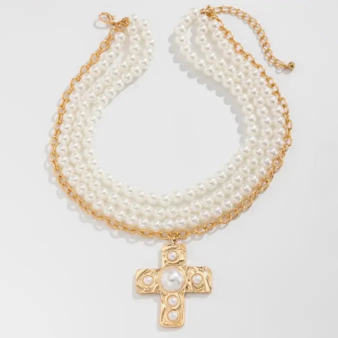 Mult Wrap Pearl Beaded Cross Necklace